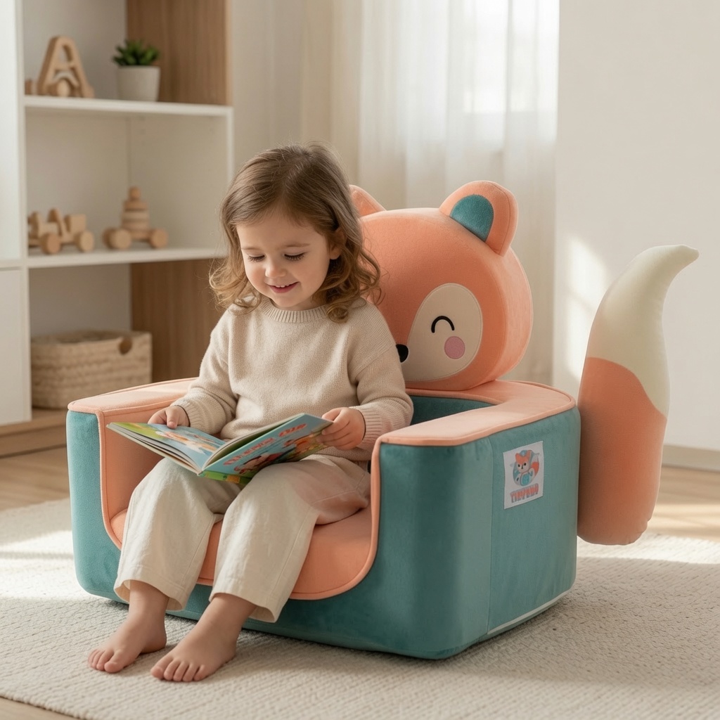 Child reading in TinyHug SnuggleFox chair